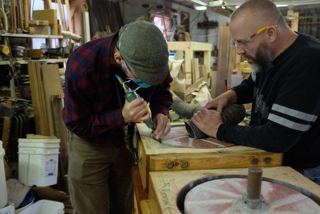 Dressing millstones at Jansen Grist Mills